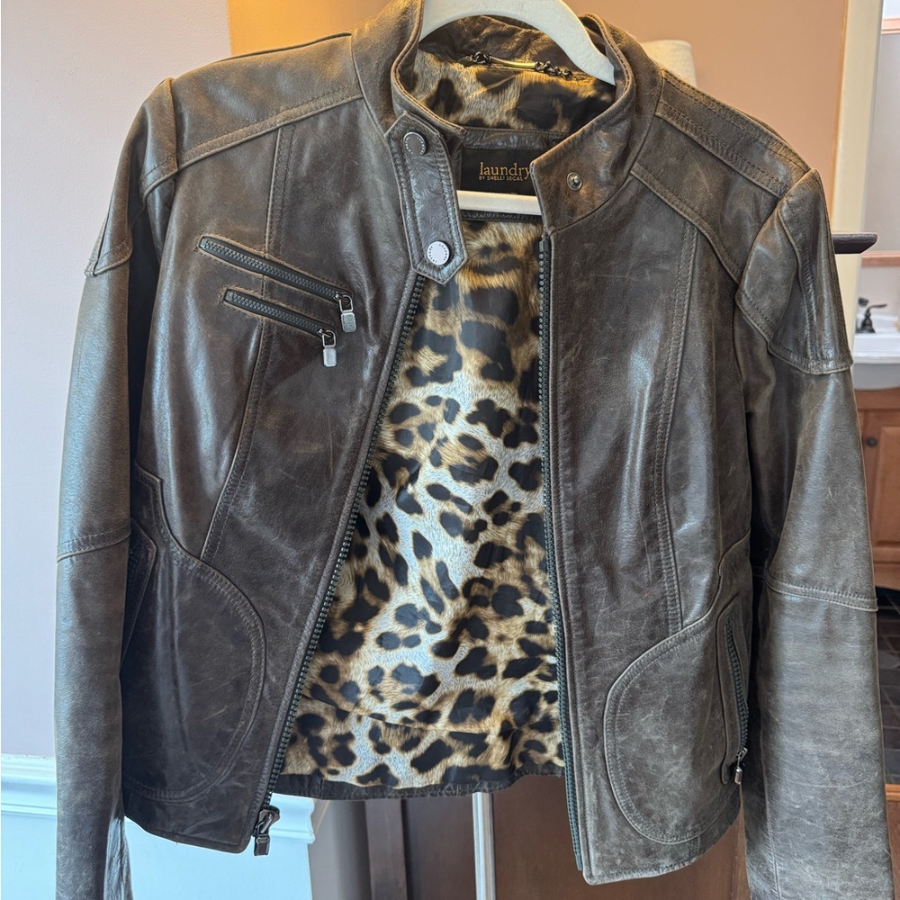 Laundry By Shelli Segal Brown Leather Jacket with Animal Print Lining